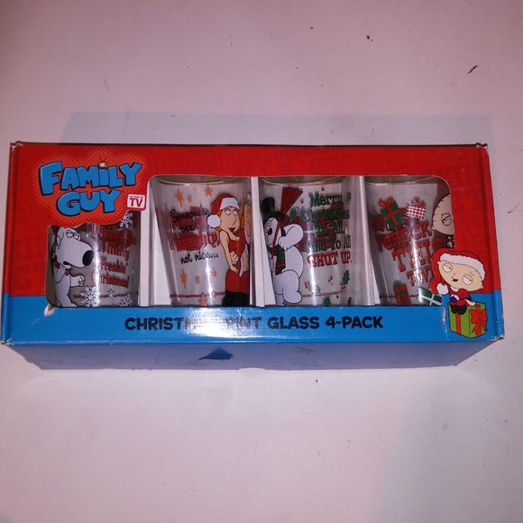 Family Guy Christmas Pint Glass 4 Pack Set Cartoon Gift Stewie 6" Tall Preowned - Picture 2 of 10